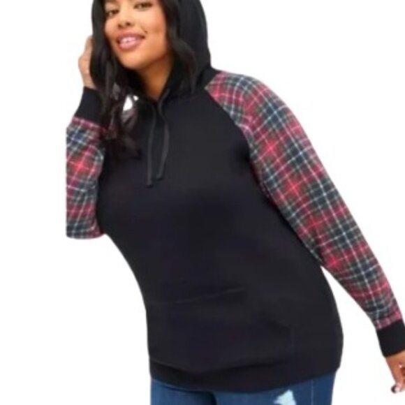 Torrid Womens Everyday Fleece Hoodie In Black and Plaid Plus 2X New - Picture 1 of 5